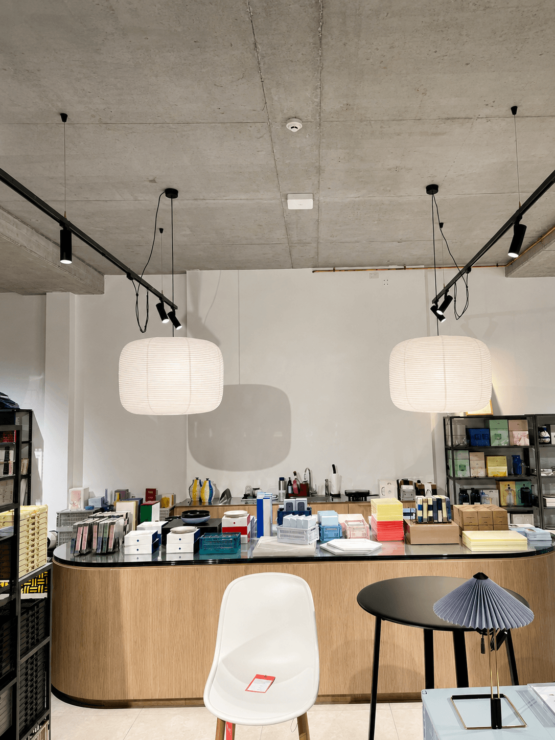 Pendant and track lighting installed in a commercial interior